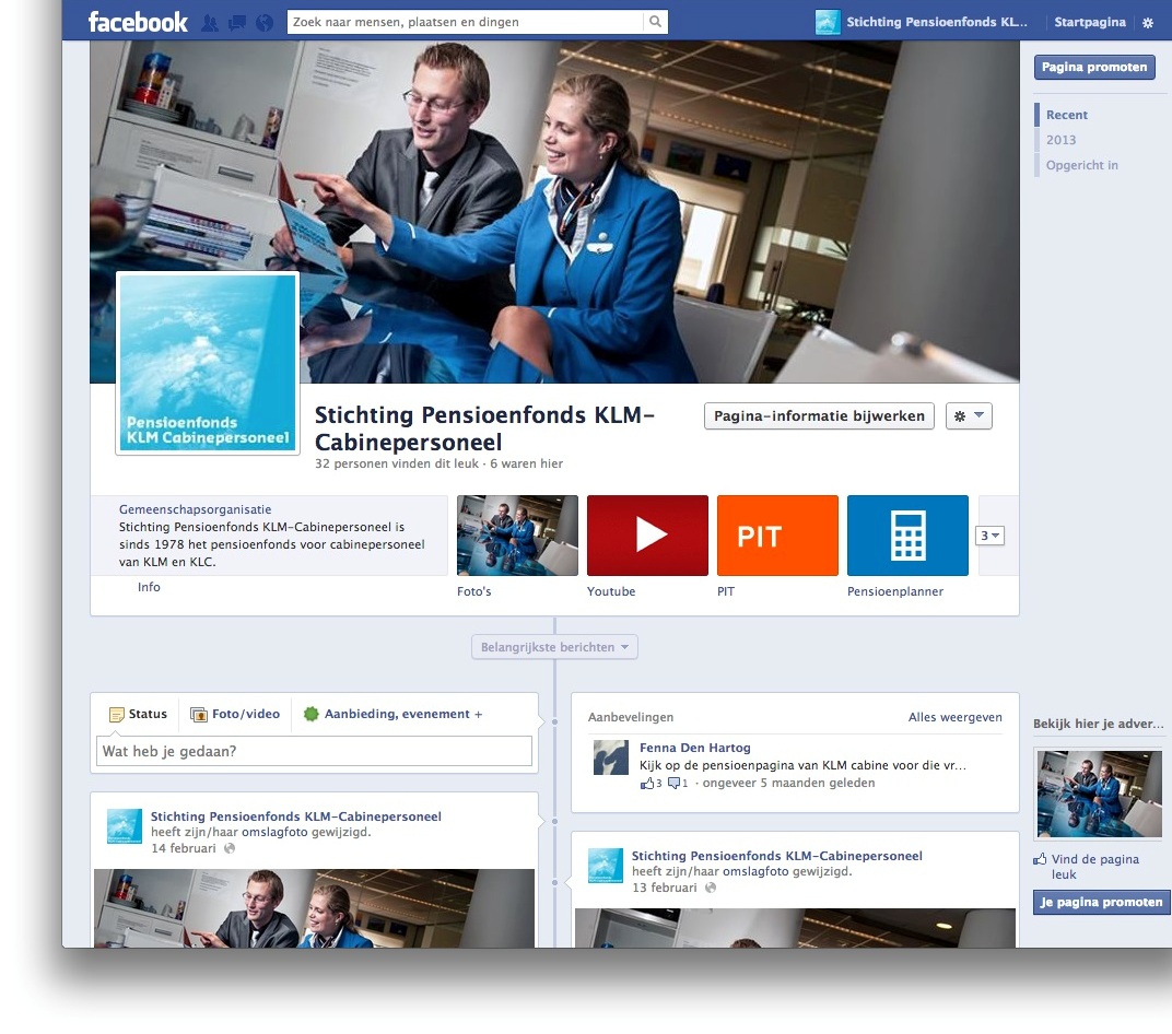 Facebook startpagina KLM Cabine 